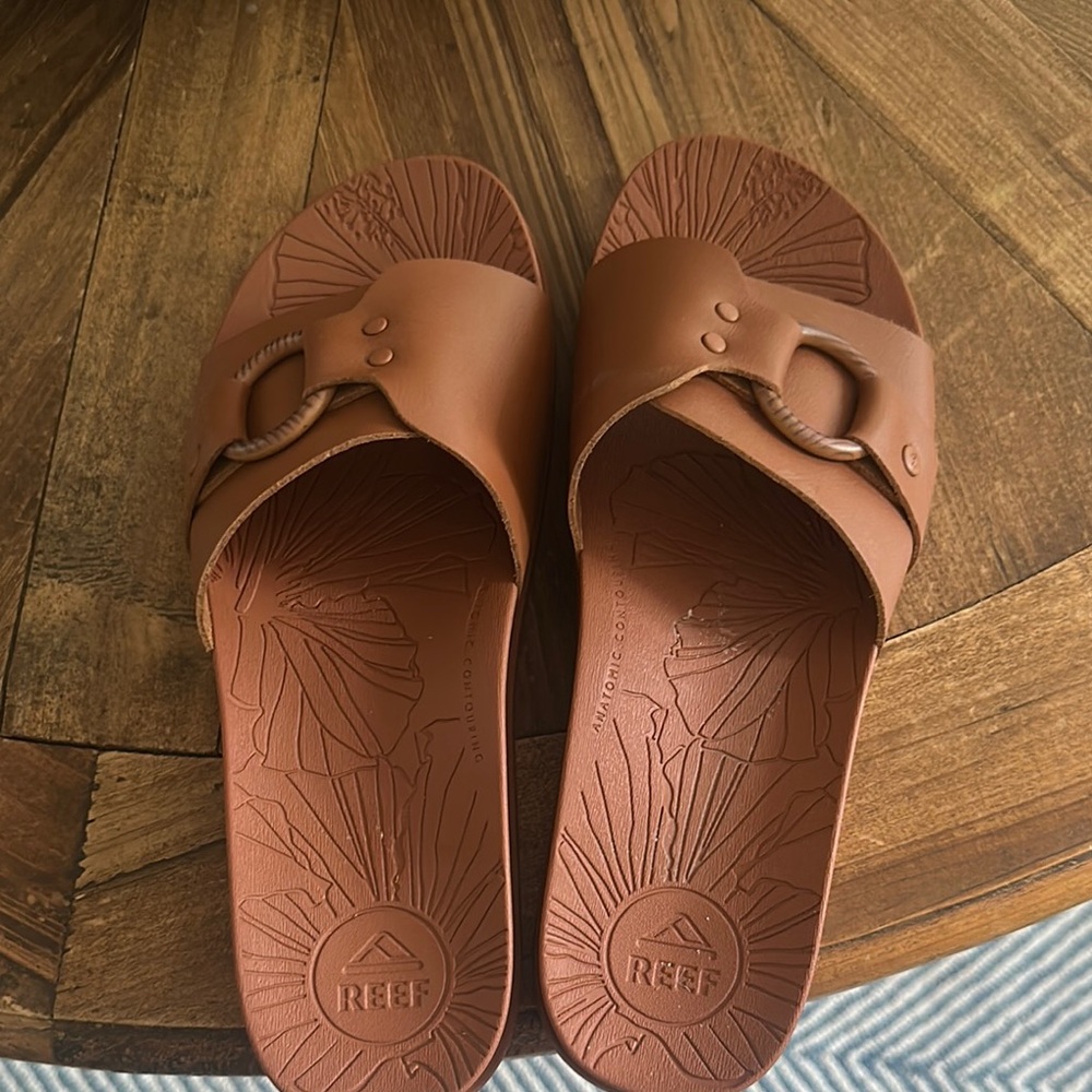 Reef Tan Embossed Slide Sandals